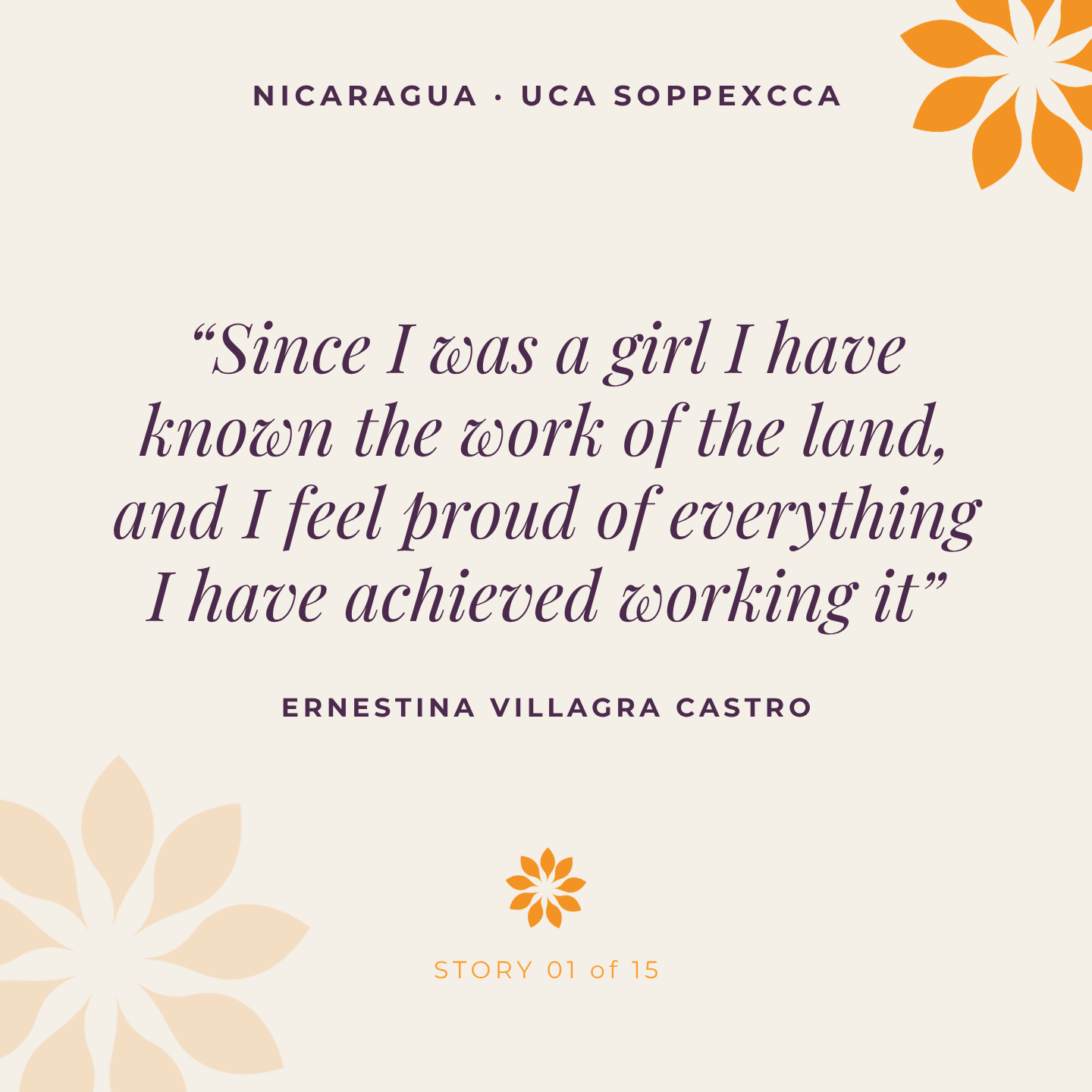 Quote card: 'Since I was a girl I have known the work of the land, and I feel proud of everything I have achieved working it.' Ernestina Villagra Castro, Nicaragua