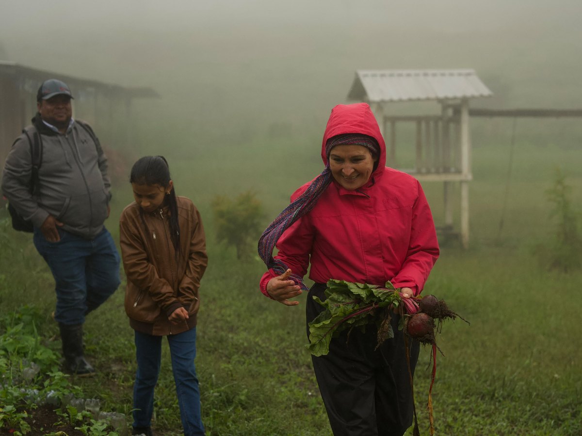 Maira holding freshly pulled beets on a misty morning