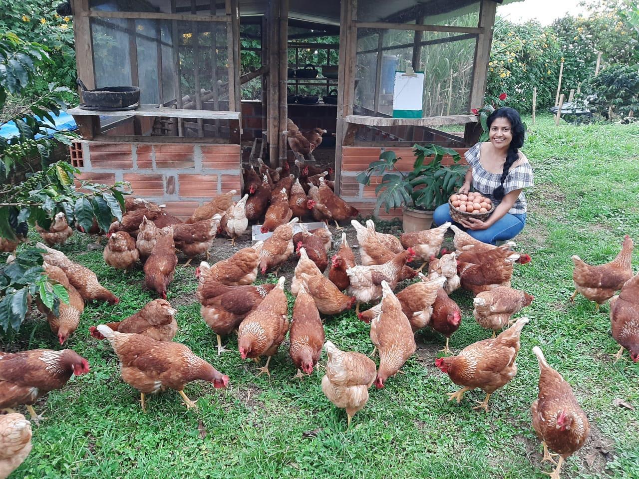 Lucía kneeling with a basket of eggs among her hens